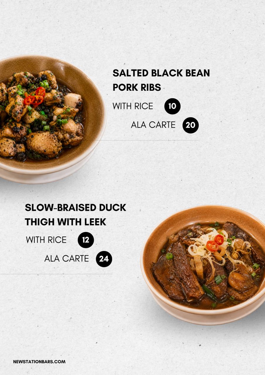 New Station Snack Bar steamed dishes menu page 2: salted black bean pork ribs and slow-braised duck thigh with leek
